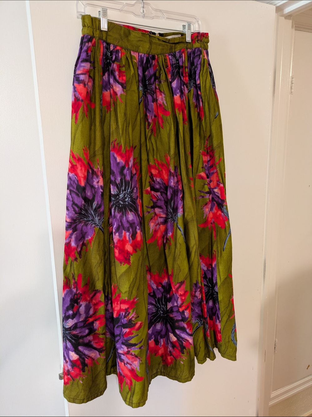 Olive Floral Maxi Skirt with Purple & Red Blooms